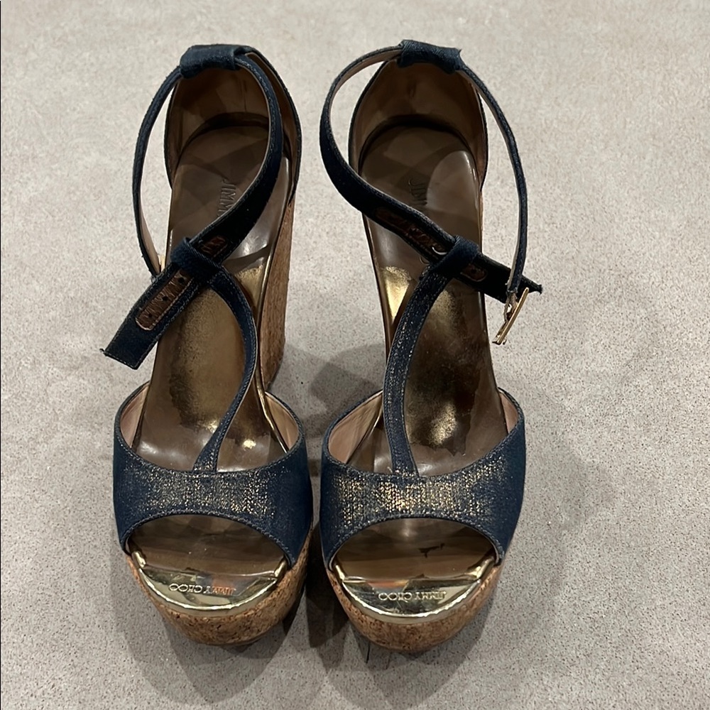 Jimmy Choo Navy Blue Metallic Cork Platform Sandals